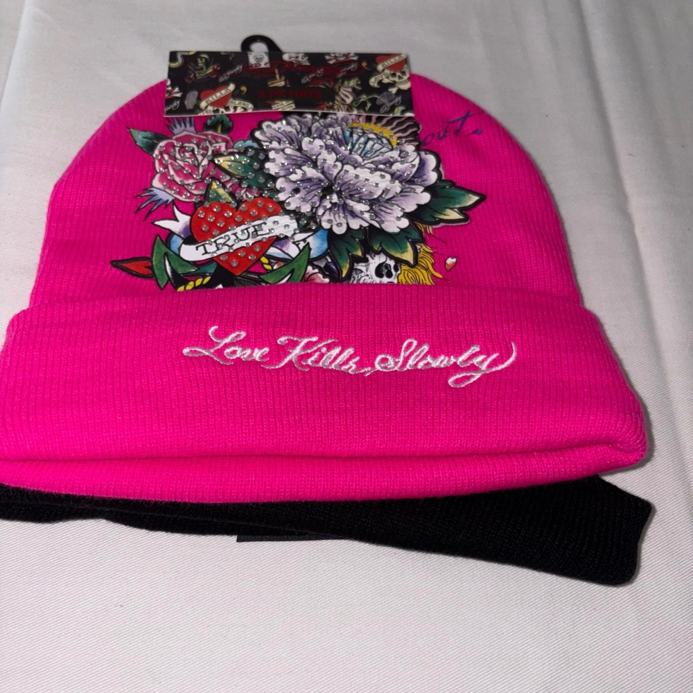 Ed‎ Hardy pink black two beanie knit hats adult size bling rhinestone new